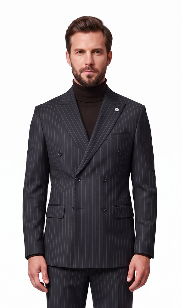 A man modeling a dark gray double-breasted pinstripe suit with a black turtleneck and black dress shoes, shot against a solid white background.