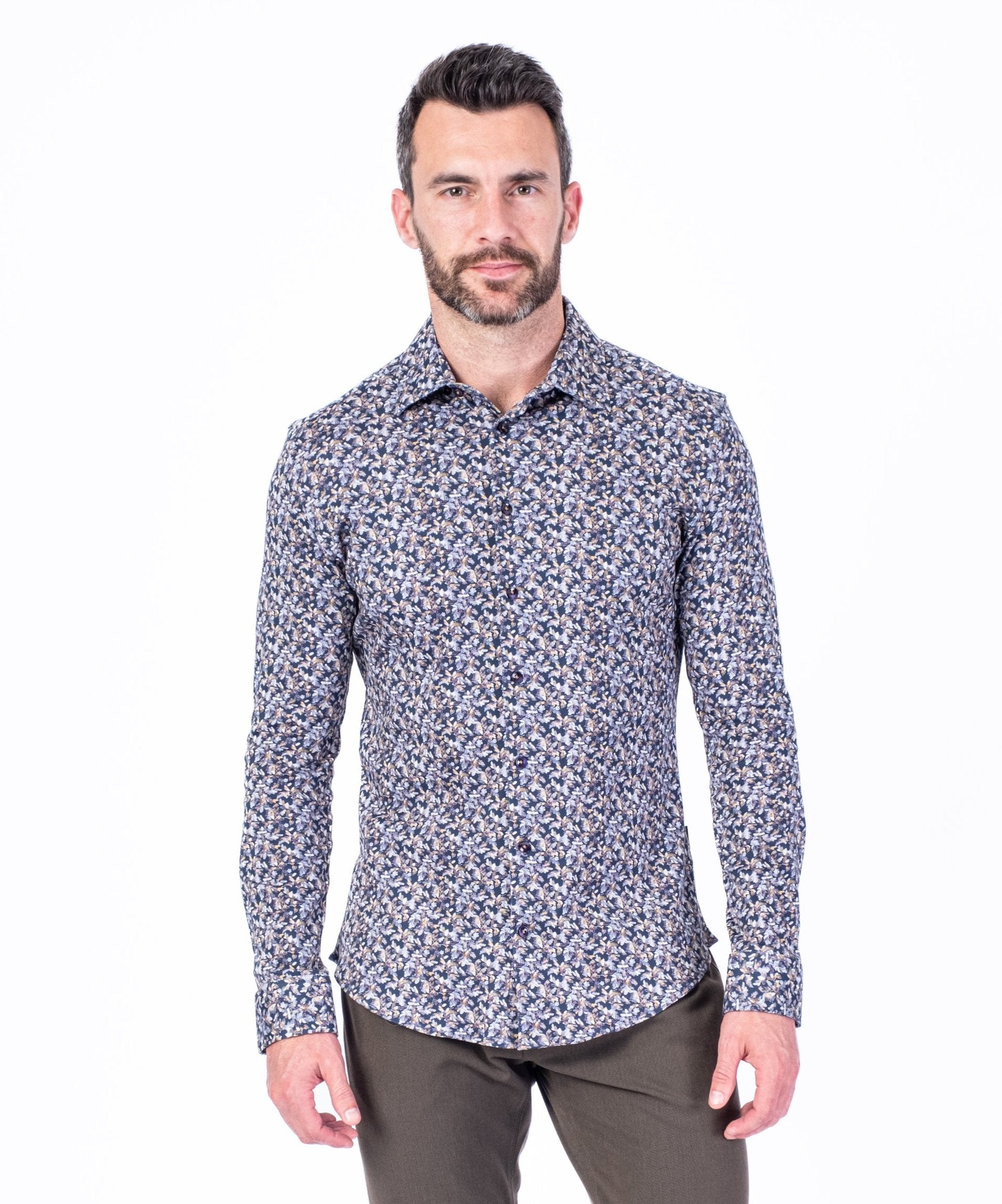 Cotton/Stretch Fancy Floral Print Sport Shirt - Navy