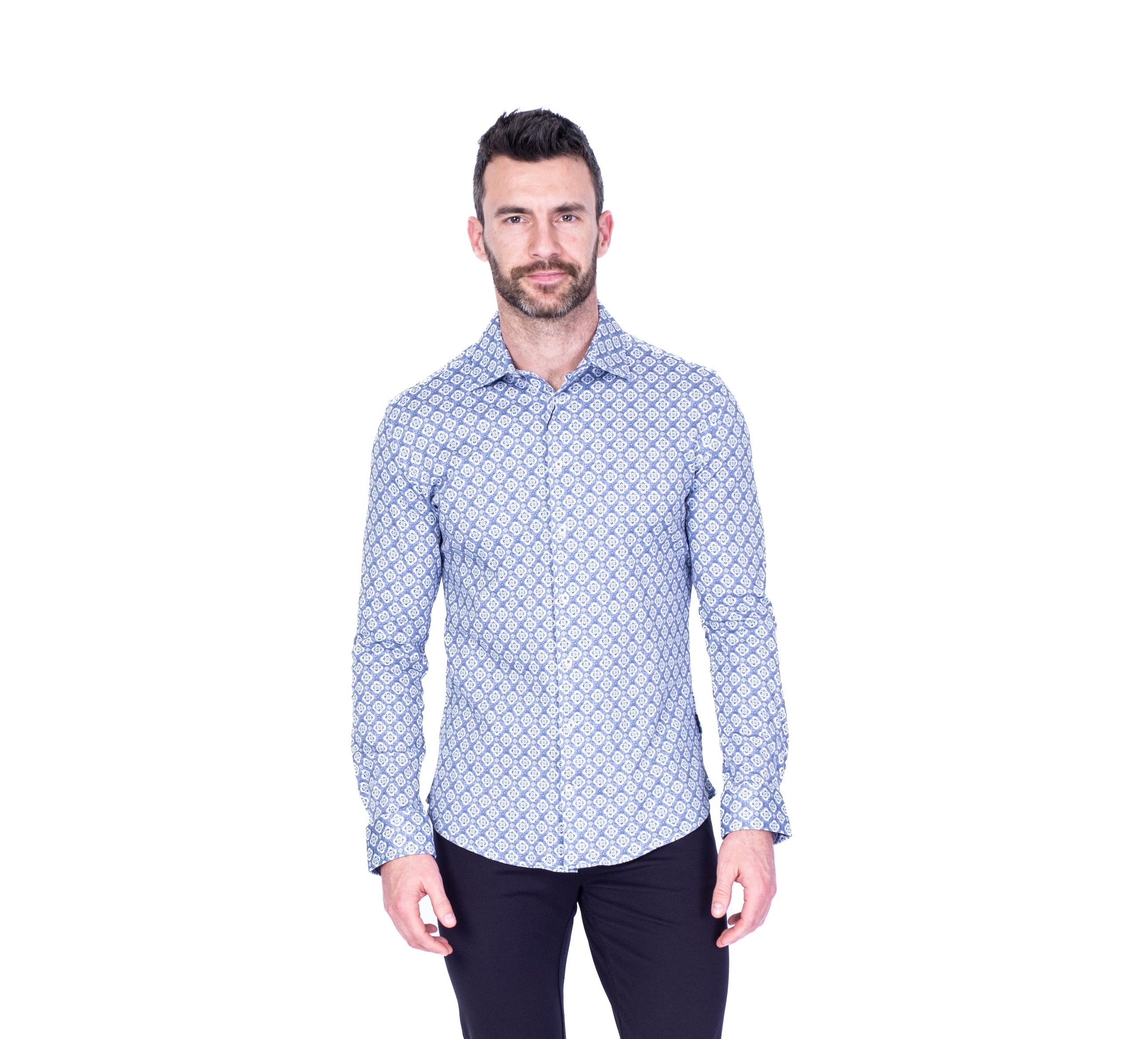 Floral Print Cotton Stretch Sport Shirt - Blue with White