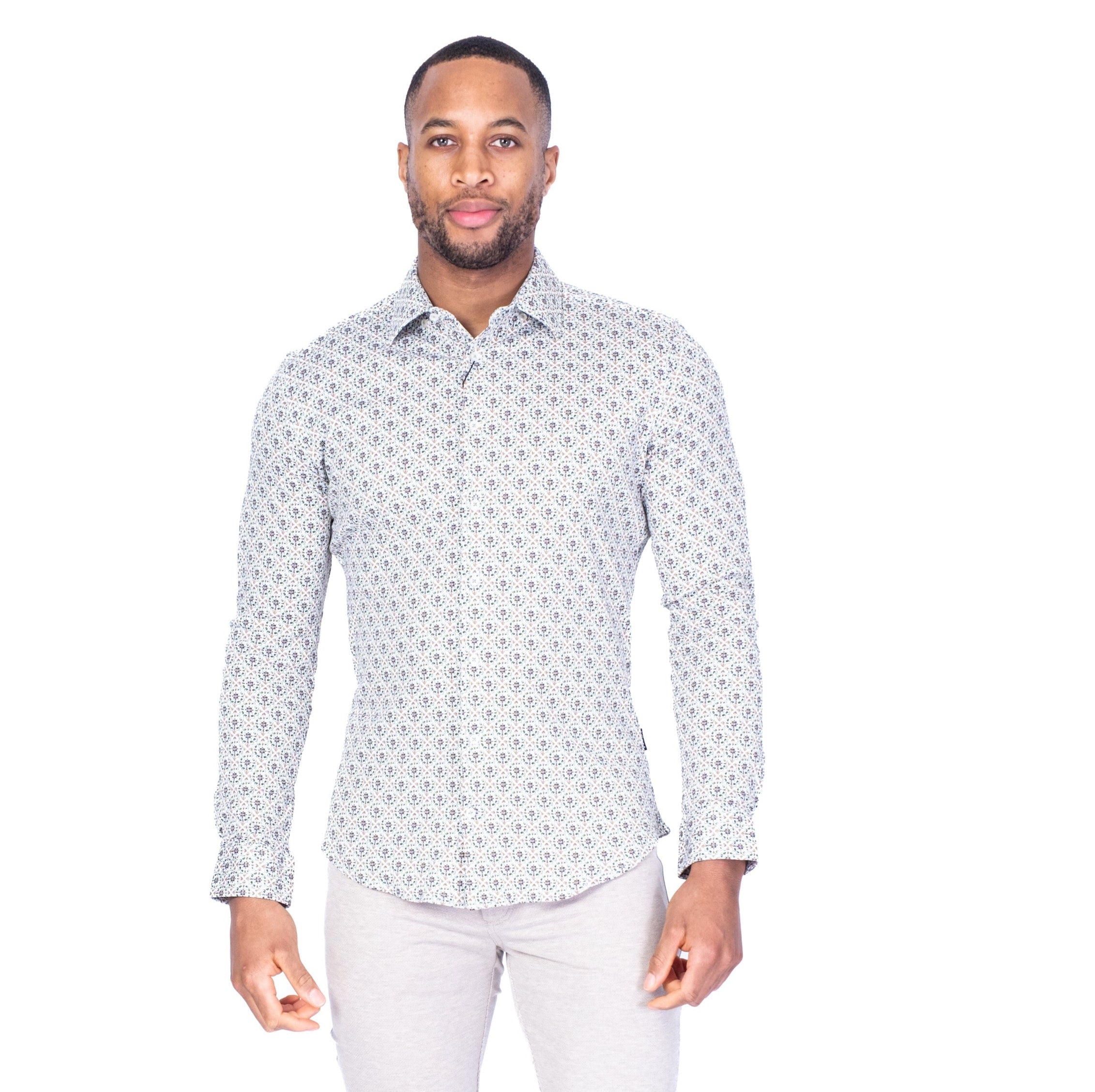 Fancy Print Cotton Stretch Sport Shirt - White with Green