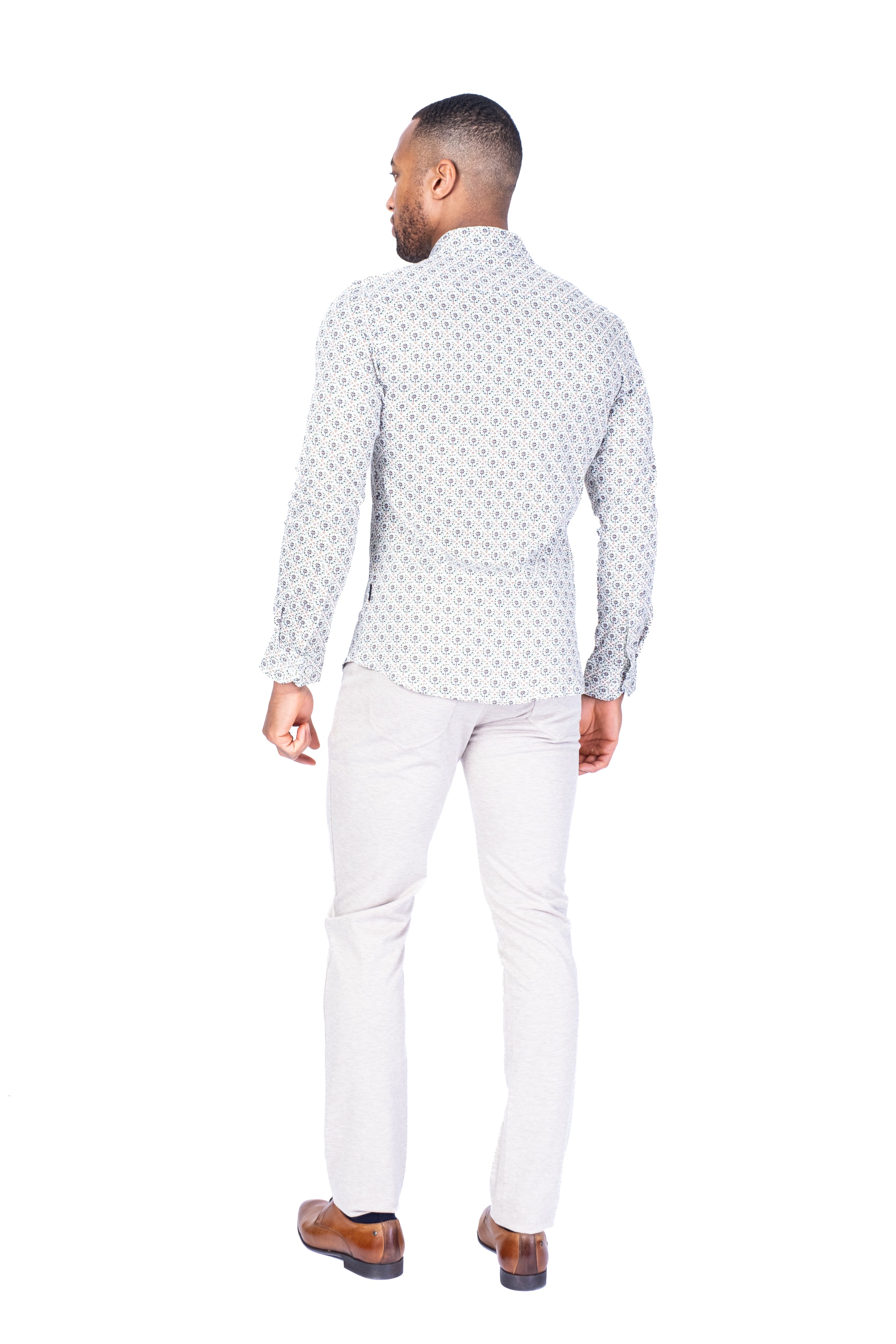 Fancy Print Cotton Stretch Sport Shirt - White with Green