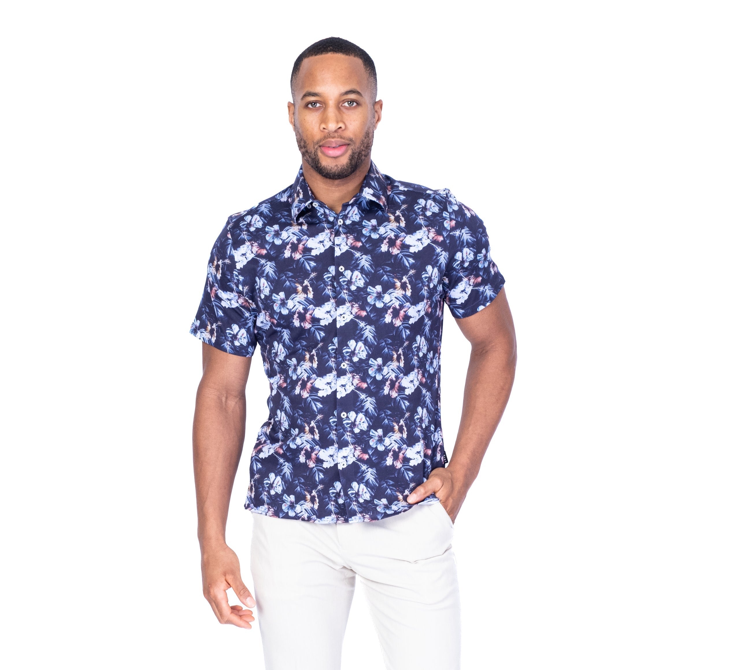 Tropical Print Short-Sleeve Cotton Stretch Sport Shirt - Navy