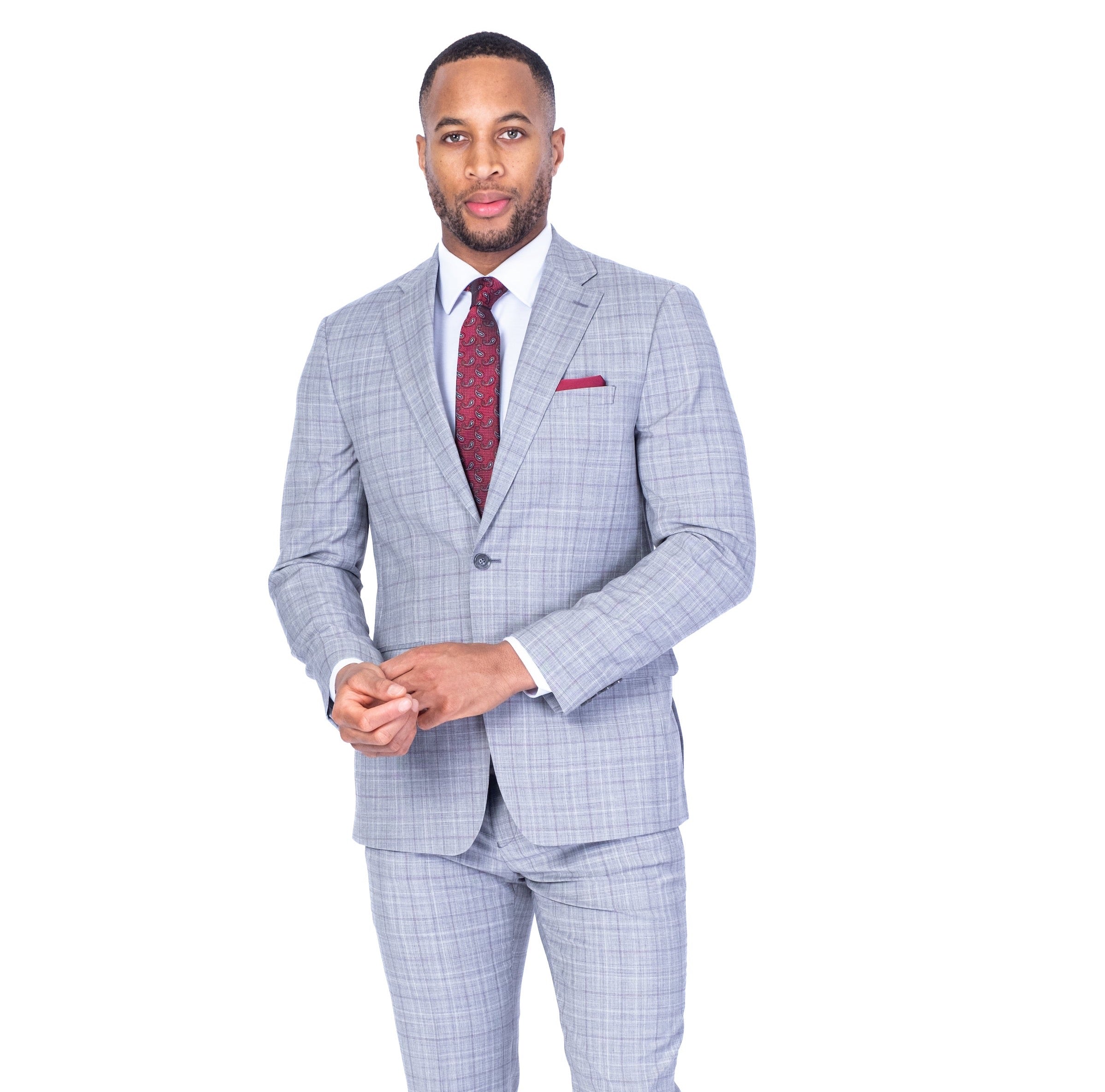X-Slim Check Suit - Silver with Burgundy