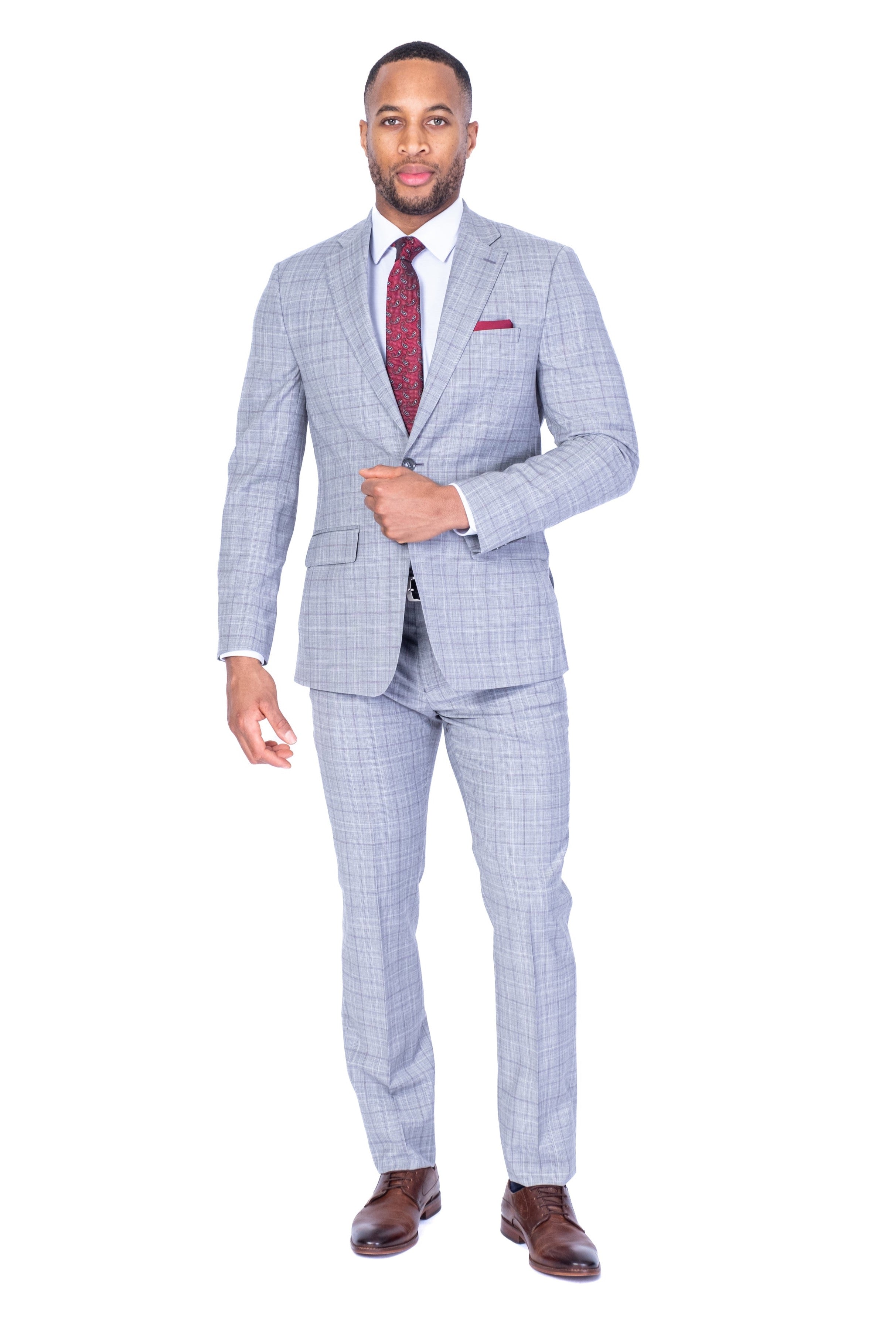 X-Slim Check Suit - Silver with Burgundy