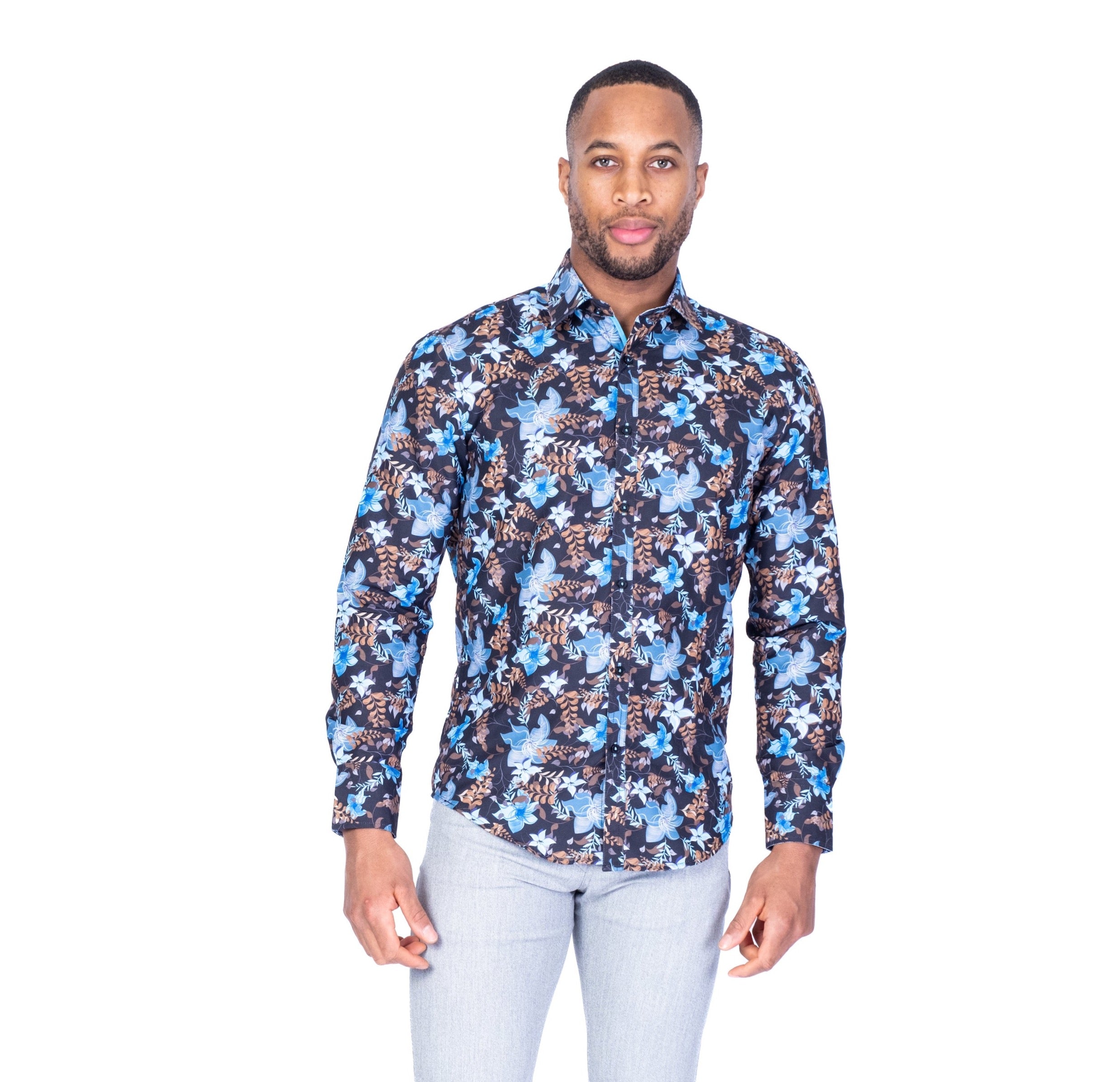 Large Floral Print "Essence" Shirt - Black/Brown/Blue