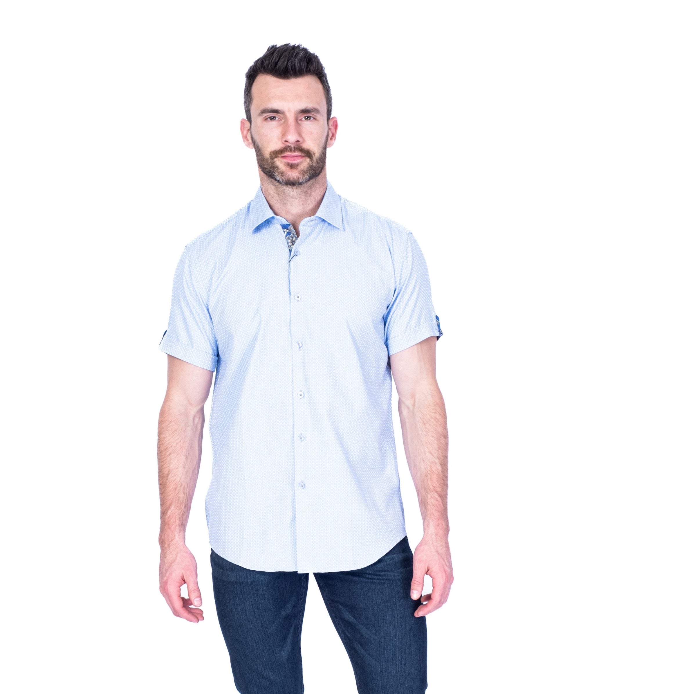 Diamond Print "Steven-S" Short-Sleeve Shirt - Light Blue / White