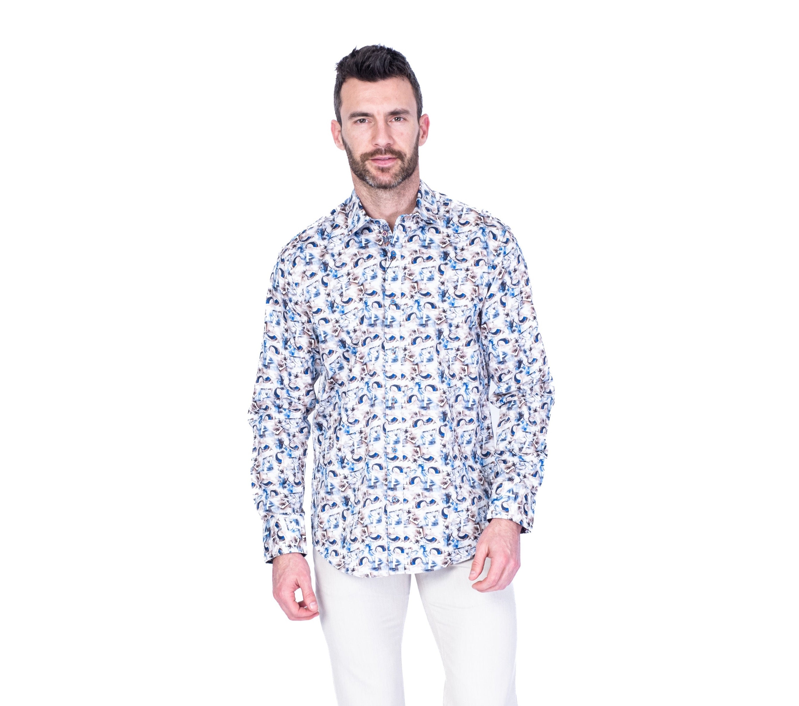 Fancy Print "Amar" Long-Sleeve Shirt - White / Blue Tan