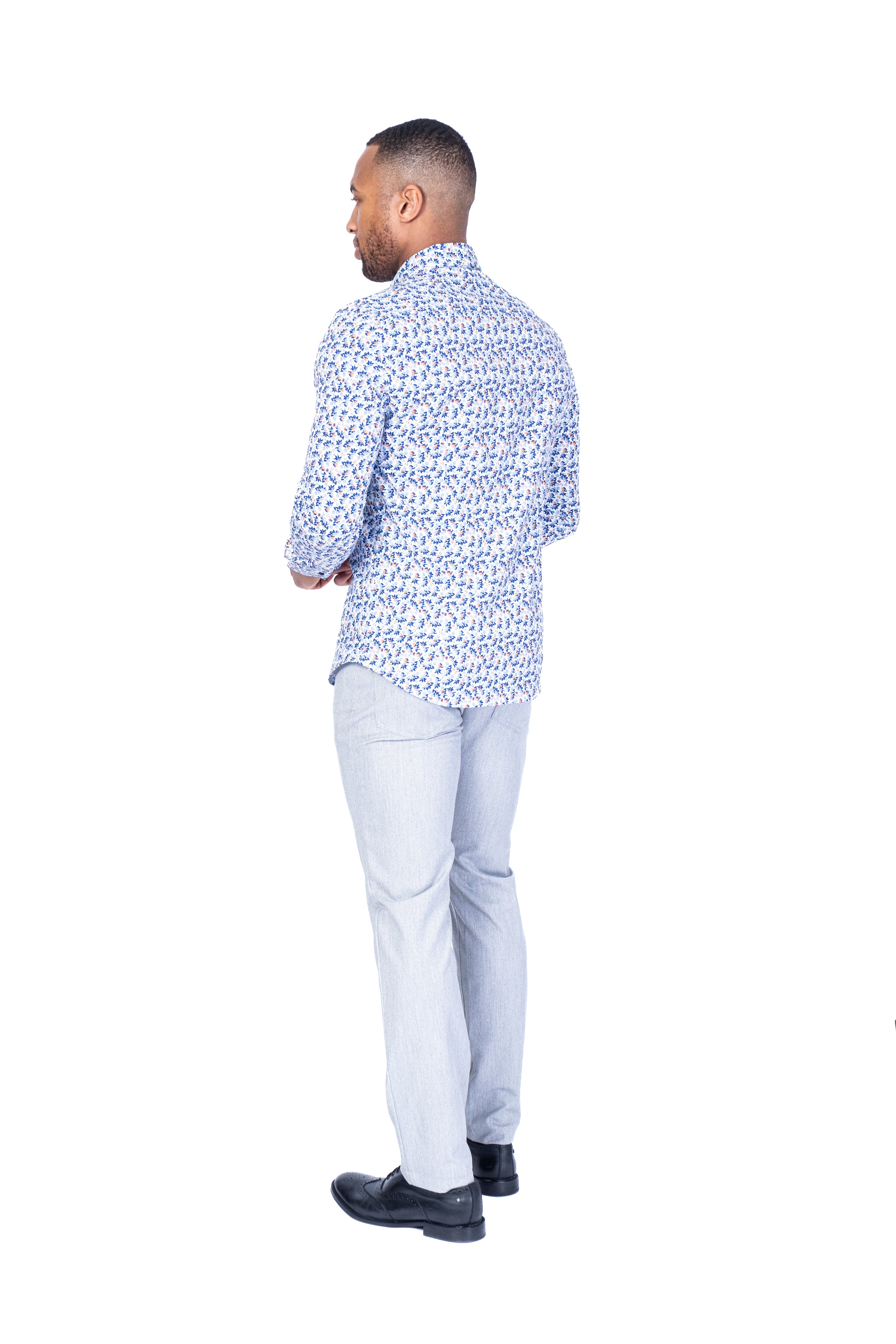 Cotton Stretch Foral Print Sport Shirt - White / Blue