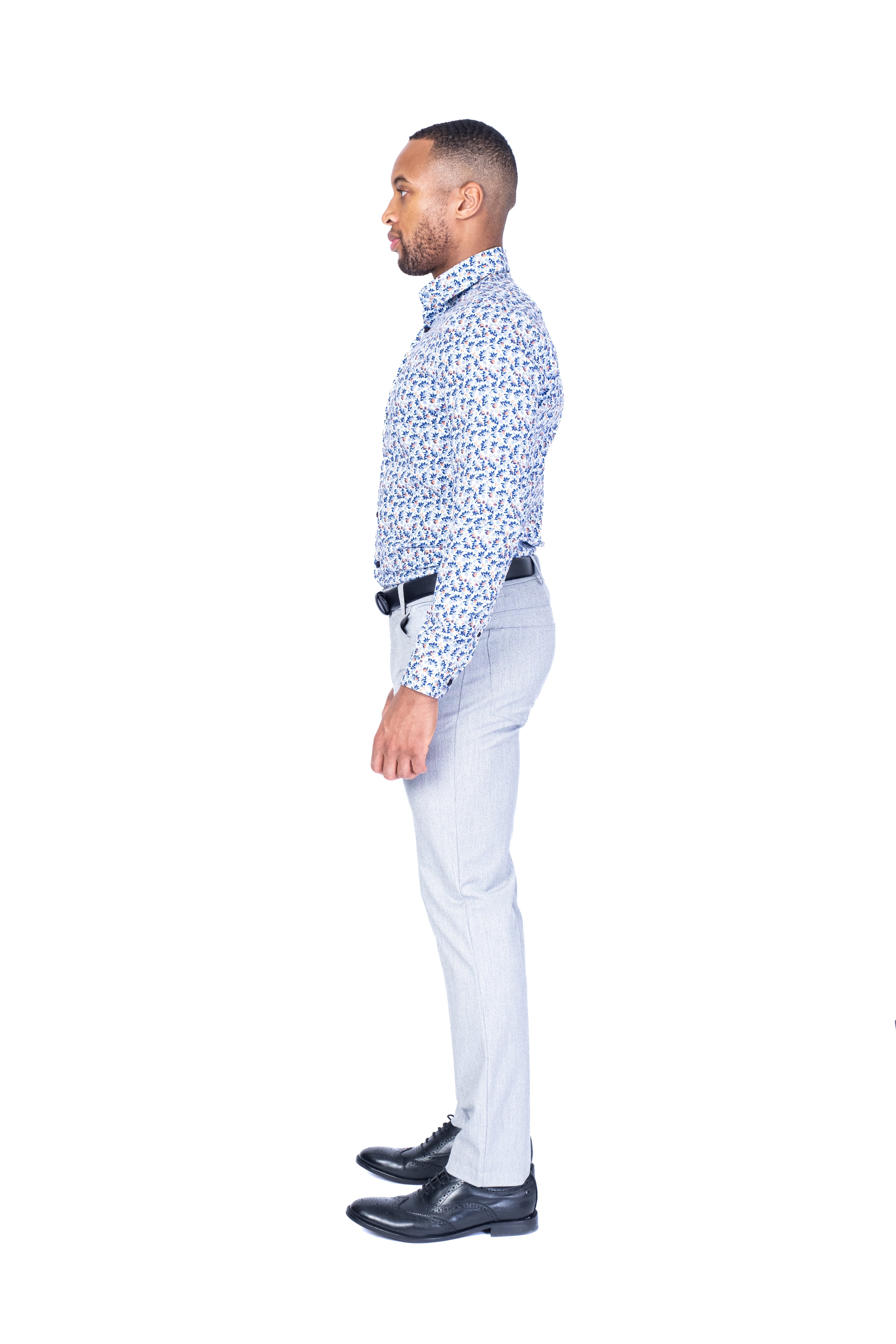 Cotton Stretch Foral Print Sport Shirt - White / Blue