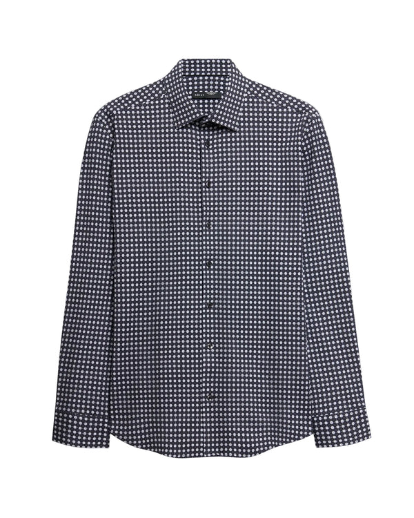 A long-sleeve button-up shirt with a small-scale navy and white micro-check pattern, displayed flat against a light gray background.