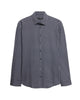 A long-sleeve button-up shirt with a small-scale navy and white micro-check pattern, displayed flat against a light gray background.