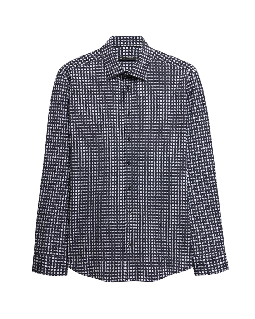 A long-sleeve button-up shirt with a small-scale navy and white micro-check pattern, displayed flat against a light gray background.