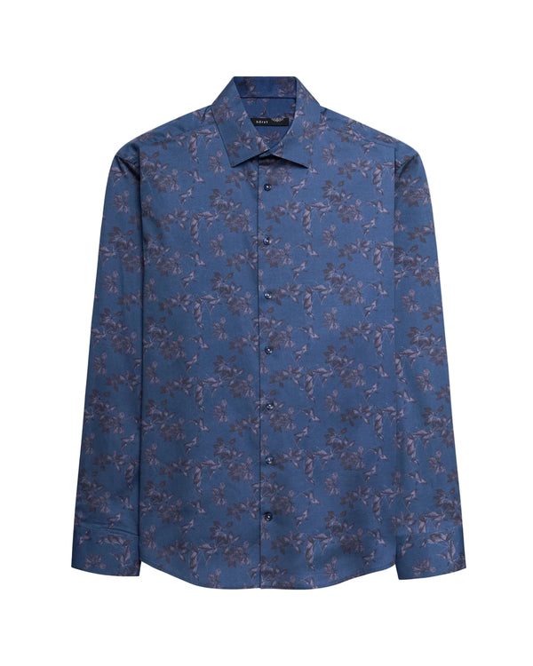 A long-sleeve button-up shirt in a medium blue base with an all-over dark floral pattern, displayed flat against a light gray background.