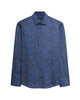 A long-sleeve button-up shirt in a medium blue base with an all-over dark floral pattern, displayed flat against a light gray background.