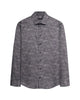 A long-sleeve button-up shirt with a dark gray and black paisley pattern, displayed flat against a light gray background.