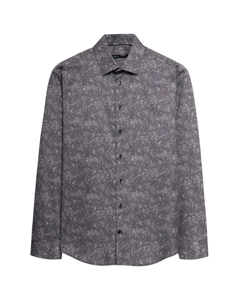 A long-sleeve button-up shirt with a dark gray and black paisley pattern, displayed flat against a light gray background.