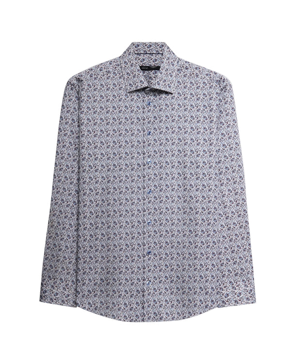 A long-sleeve button-up shirt with a dense, small-scale floral or geometric print in blue and white, displayed flat against a light gray background.