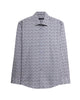 A long-sleeve button-up shirt with a dense, small-scale floral or geometric print in blue and white, displayed flat against a light gray background.