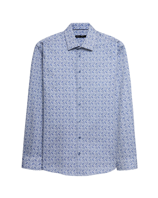 A long-sleeve button-up shirt with a blue and white floral pattern, displayed flat against a light gray background.