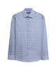 A long-sleeve button-up shirt with a blue and white floral pattern, displayed flat against a light gray background.
