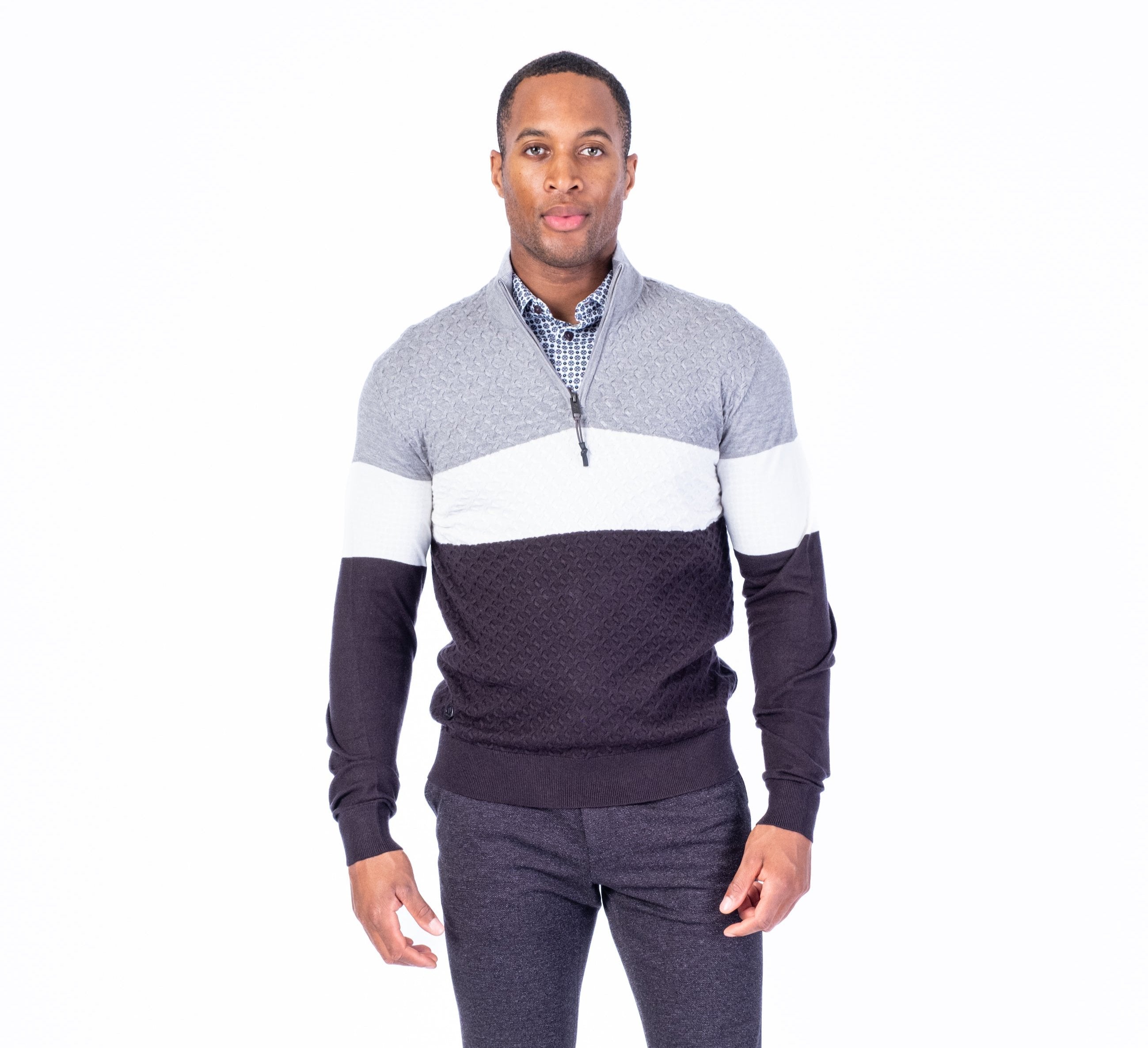 Cable Knit Bold Strip Zip Neck Sweater - Grey