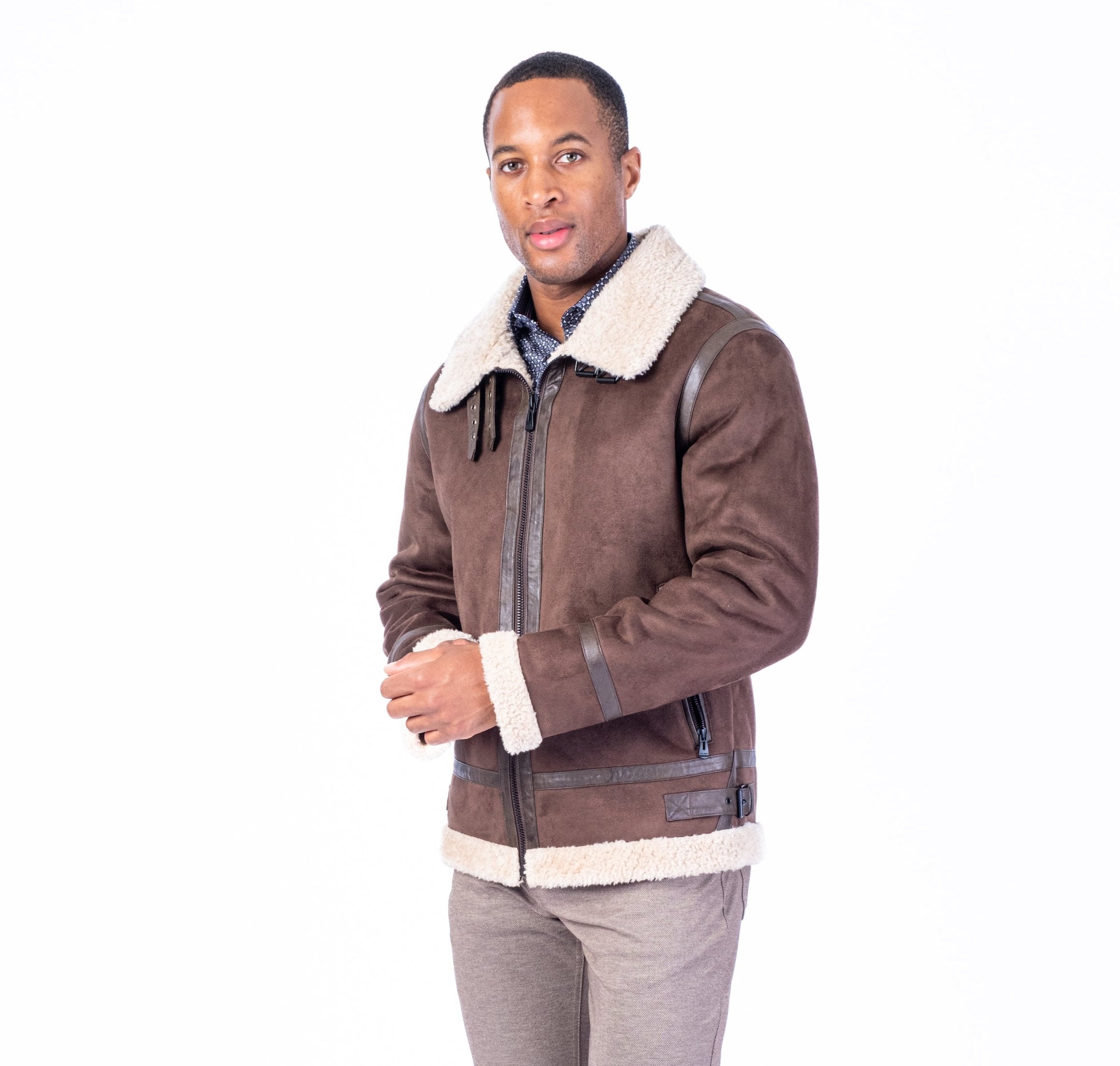 Vegan Suede Shearling Aviator Jacket - Brown