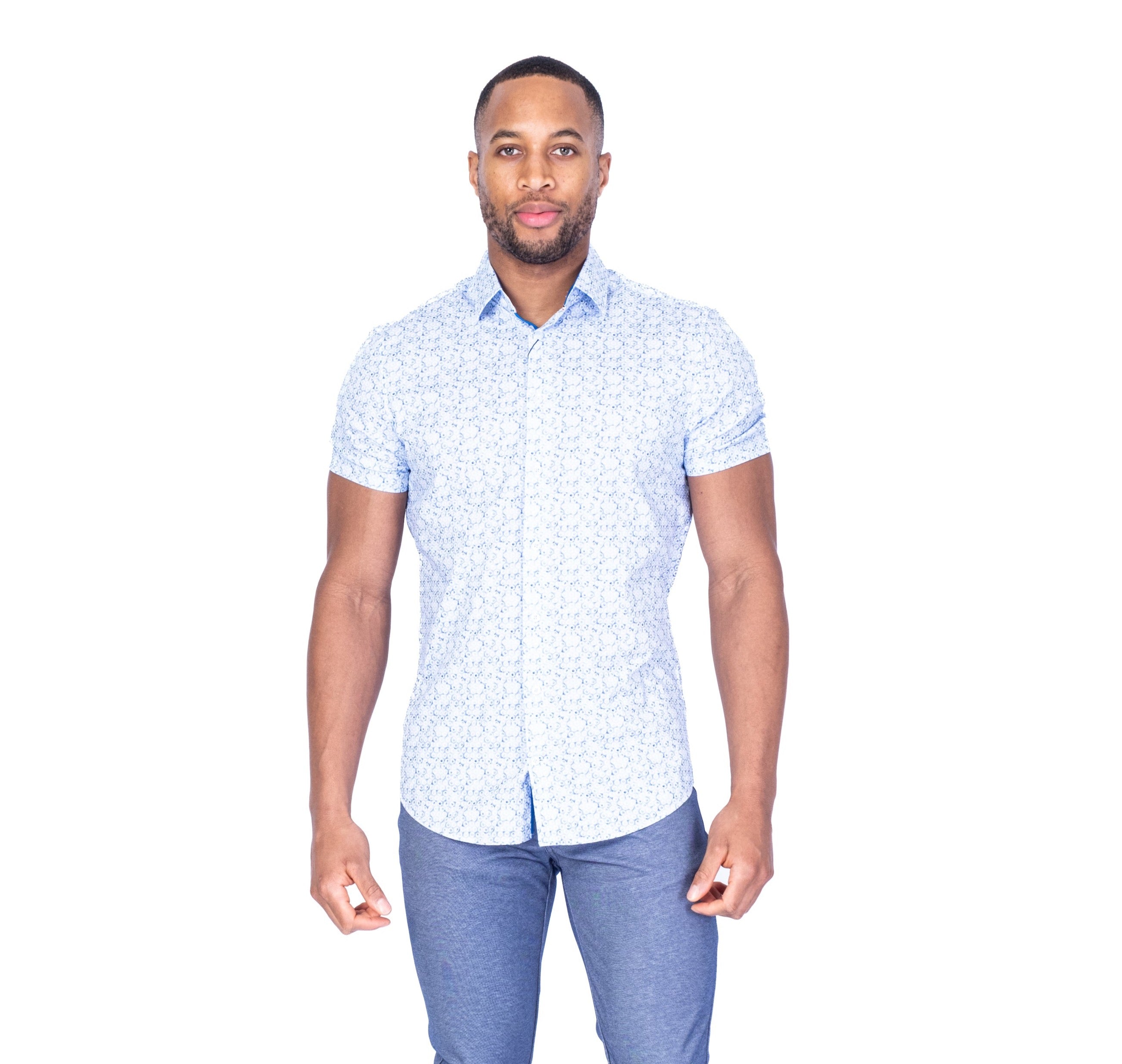 Cotton Stretch Circle Print Short-Sleeve Sport Shirt - Light Blue