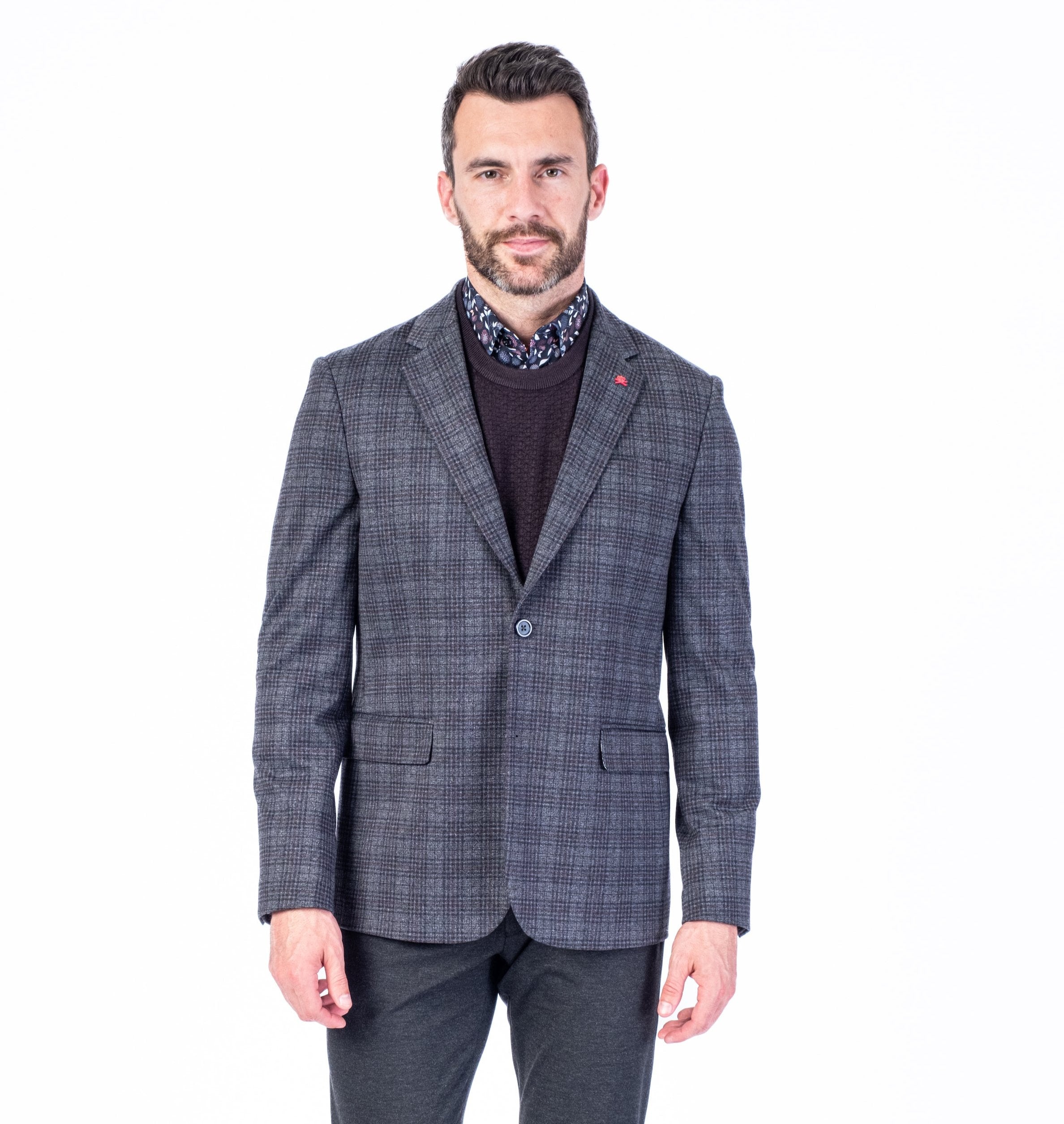 Poly/Stretch Plaid Sports Jacket - Charcoal/Navy