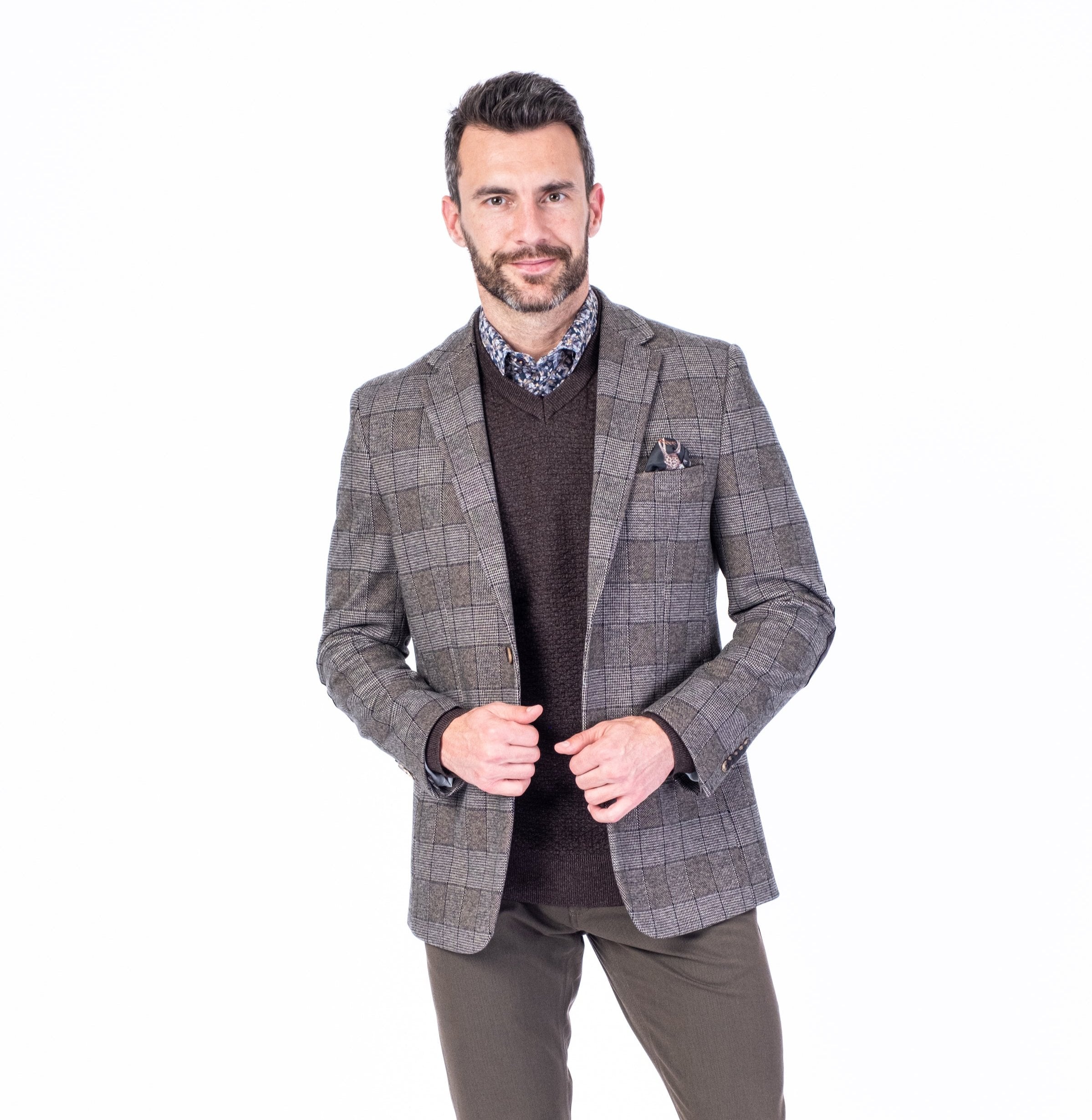 Poly/Stretch Check Sports Jacket - Brown/Beige