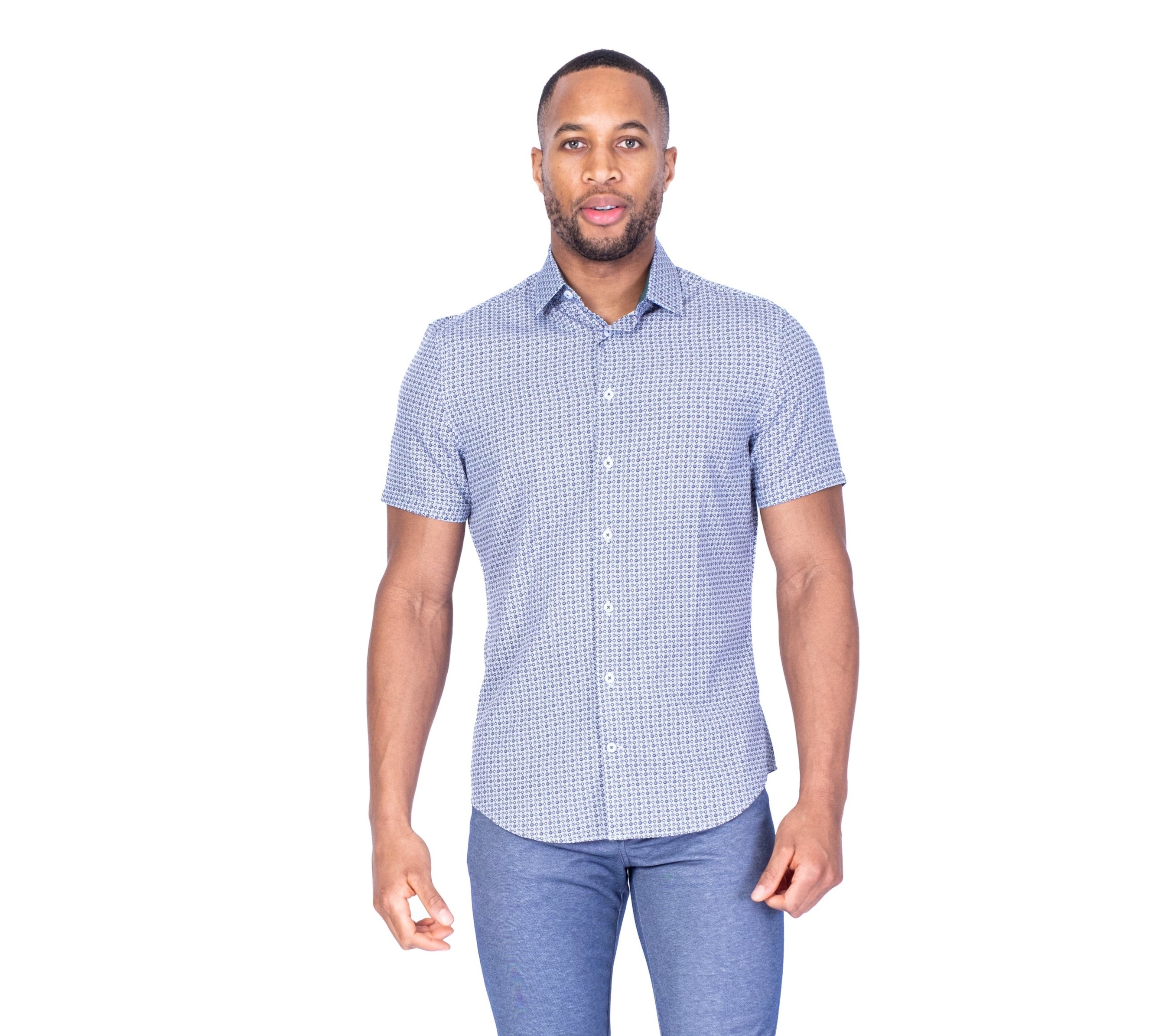 Cotton/Micro Geo Print Short-Sleeve Sport Shirt
