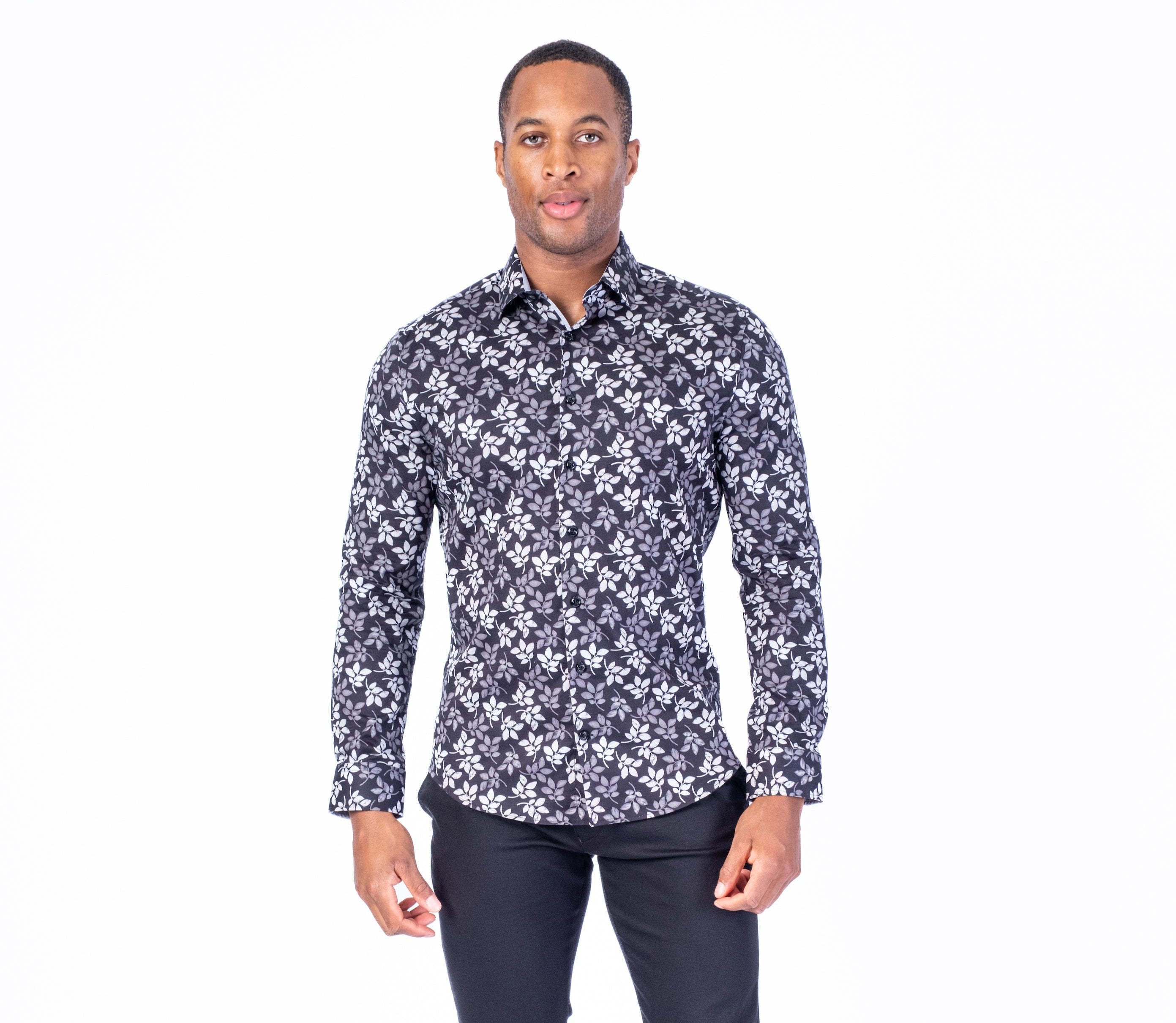 Cotton/Stretch Leaf Print Sport Shirt - Black/Grey