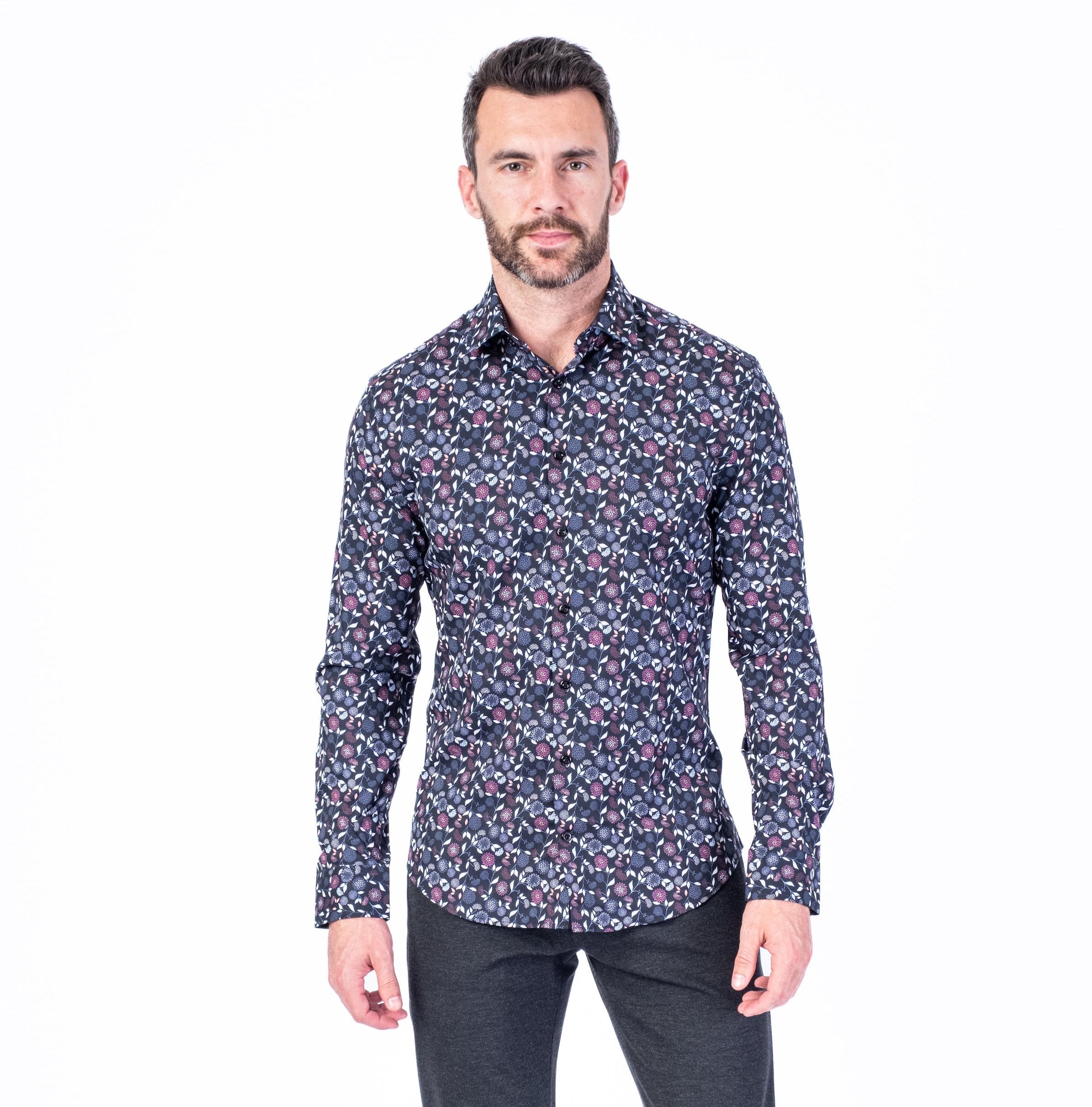 Micro/Stretch Leaf Print Sport Shirt - Black/Purple