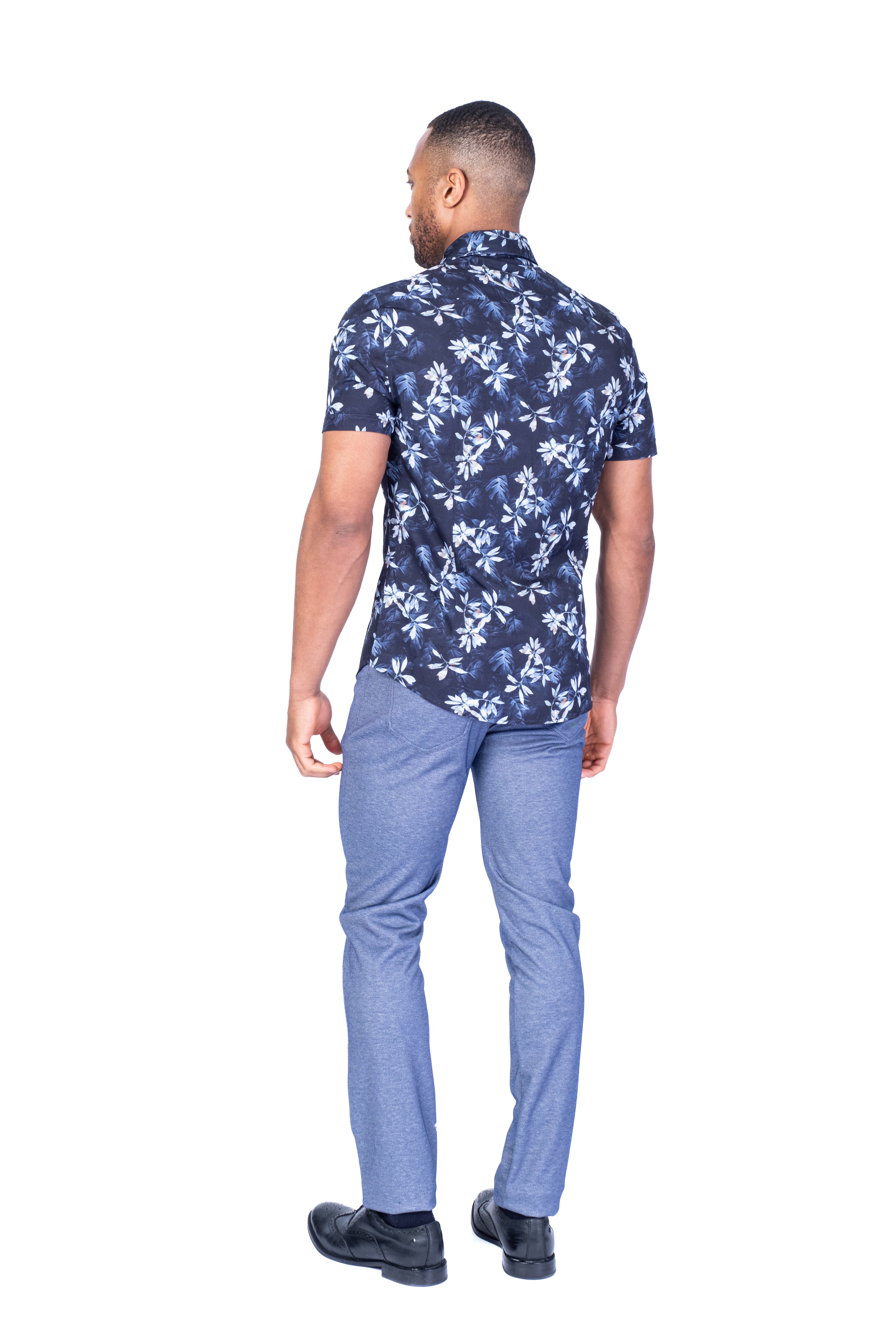 Cotton/Micro Leaf Print Short-Sleeve Sport Shirt - Navy