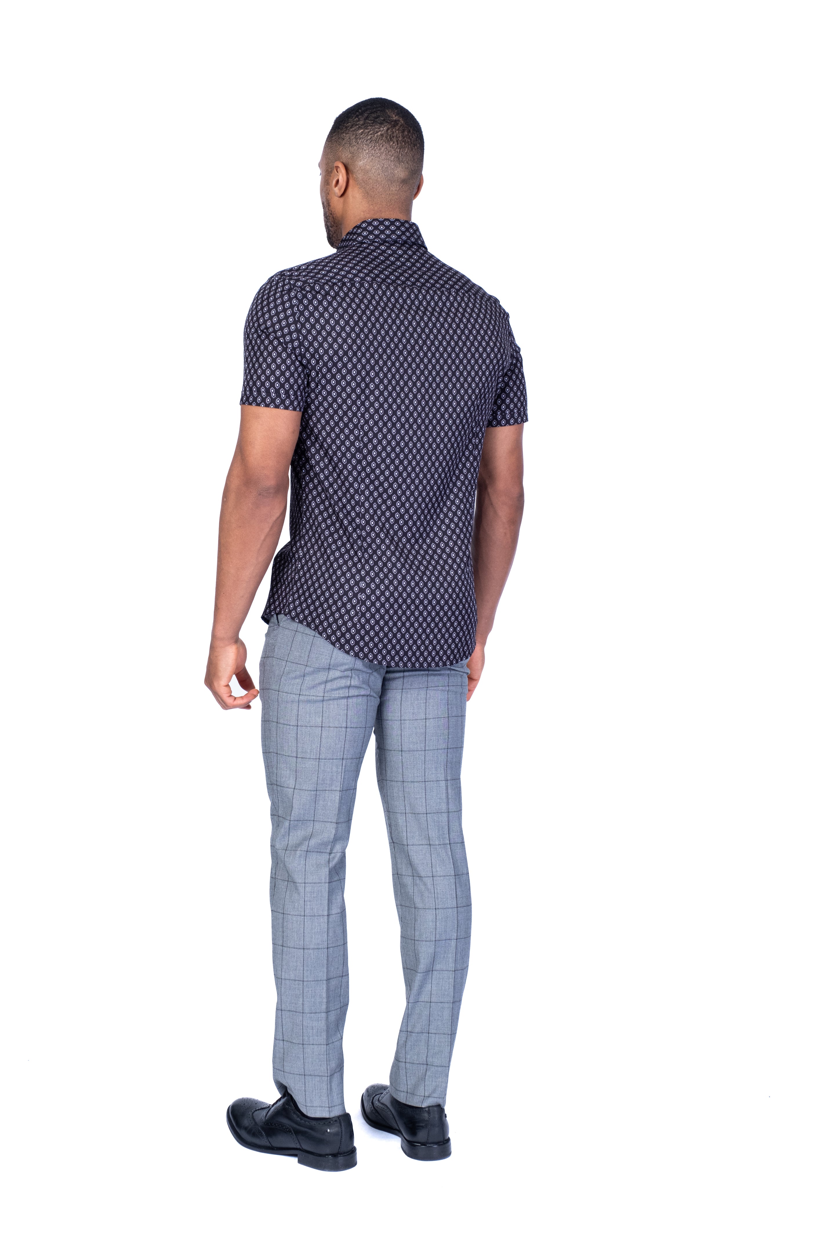 Cotton/Micro Diamond Print Short-Sleeve Sport Shirt - Black / Grey