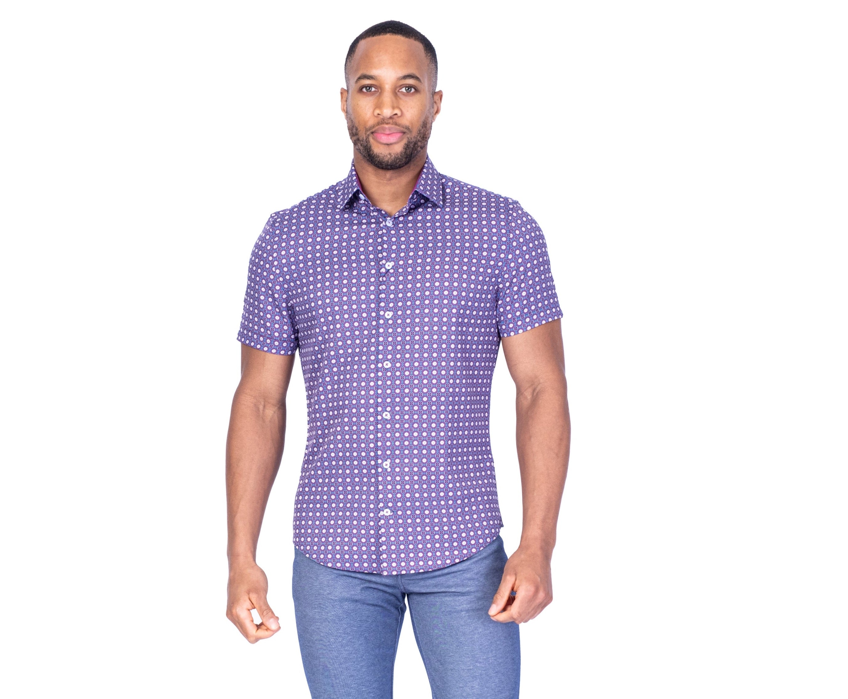 Cotton/Micro Fancy Print Short-Sleeve Sport Shirt - Purple