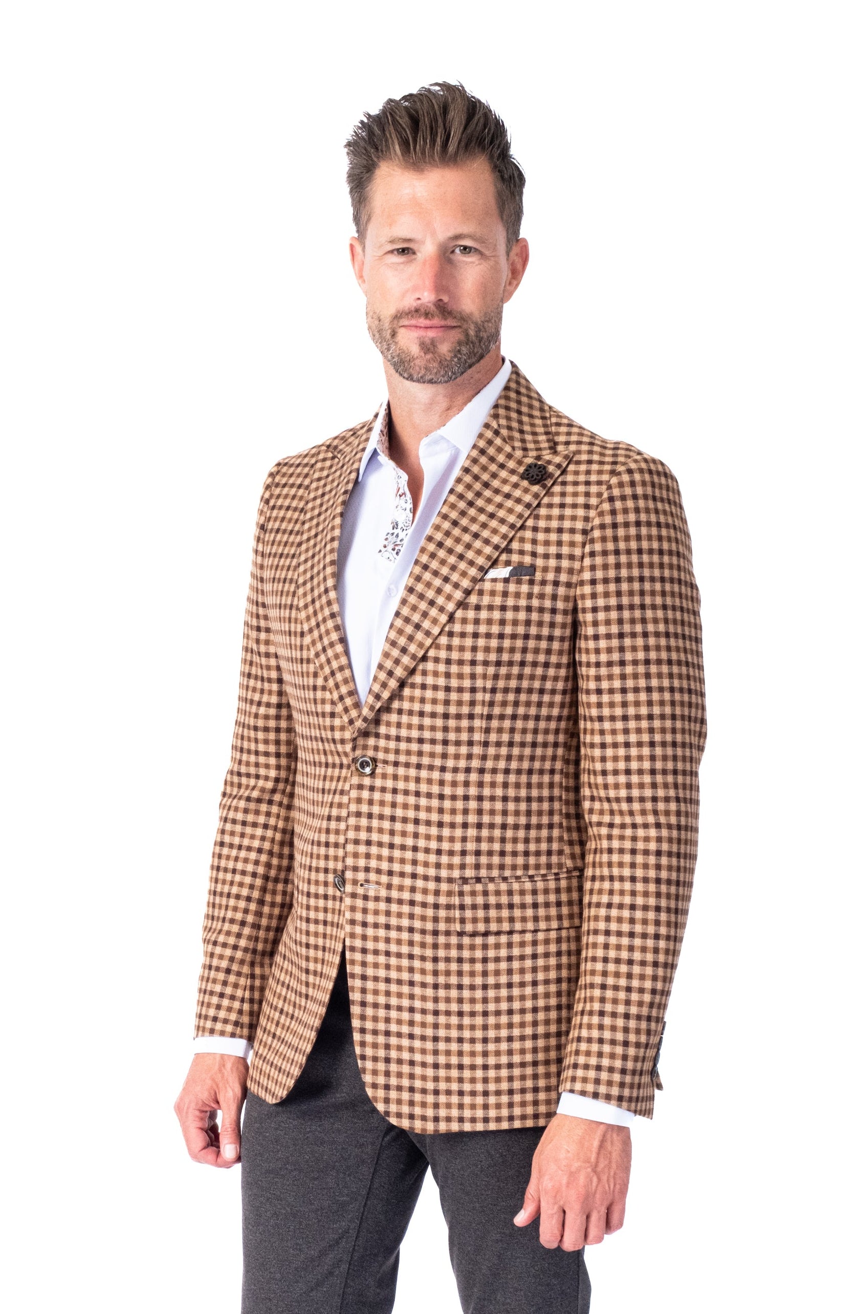 Mini Check Peak Lapel Blazer - Camel
